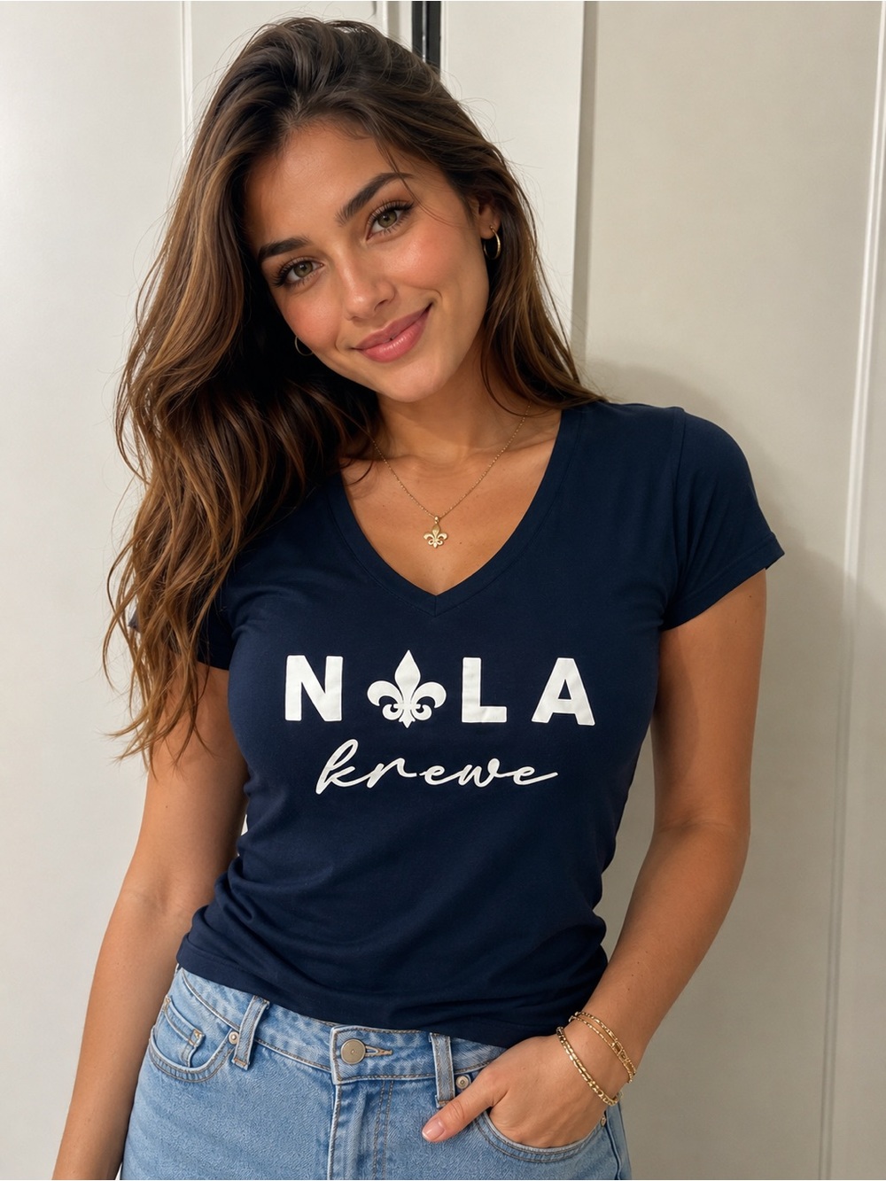 Next Level Apparel Navy V‑Neck NOLA Krewe Tee